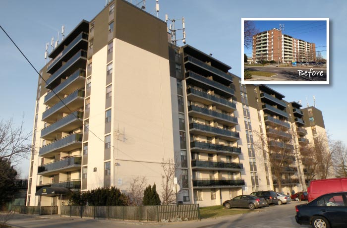 Apartment tower after exterior restoration with cream and charcoal cladding and dark balcony guards; inset shows the brown brick tower before the work