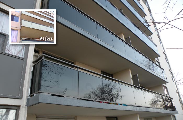Looking up at apartment balconies fitted with tinted glass guards; inset shows the older balcony fronts before replacement