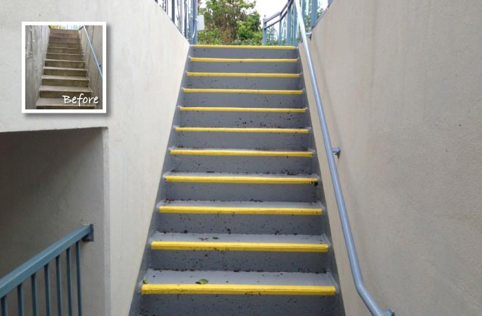 Restored exterior concrete stair with yellow safety nosings and a new handrail; inset shows the deteriorated stair before repair