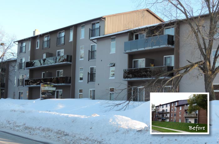 Low-rise apartment buildings in winter after restoration, with grey cladding and glass balcony guards; inset shows the brick buildings before the work