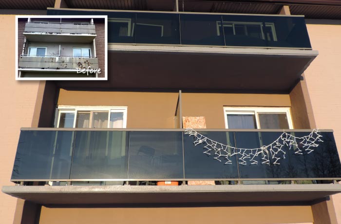 Two storeys of balconies with new tinted glass guards and repaired slab edges; inset shows the old railings before the work