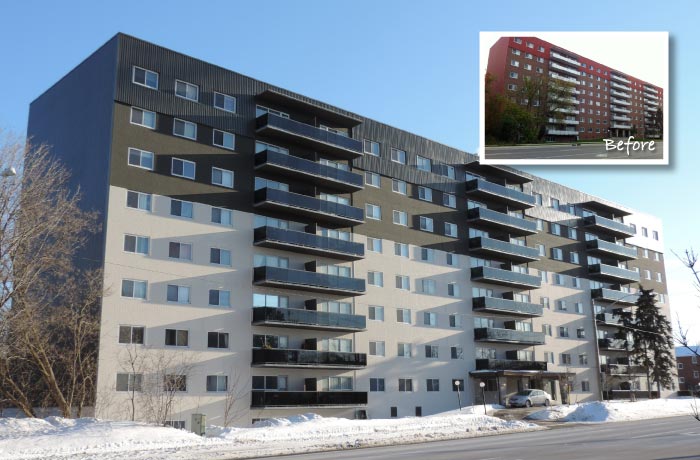Long mid-rise apartment building after exterior restoration, with grey and charcoal cladding and new balcony guards under a clear winter sky; inset shows the red brick exterior before the work